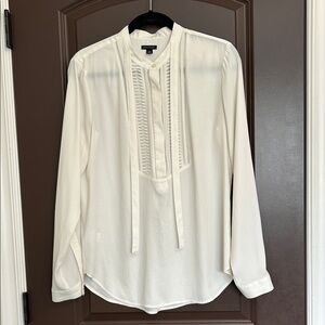 Ann Taylor Ivory Pintuck Tie-Neck Blouse Medium